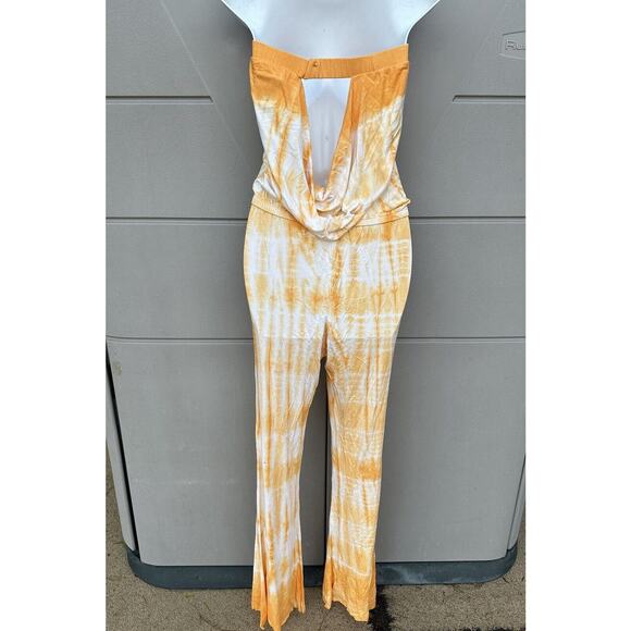 NEW Chaser Yellow Tie Dye Draped Back Bell Bottom Strapless Jumpsuit Sz Med - Picture 8 of 11